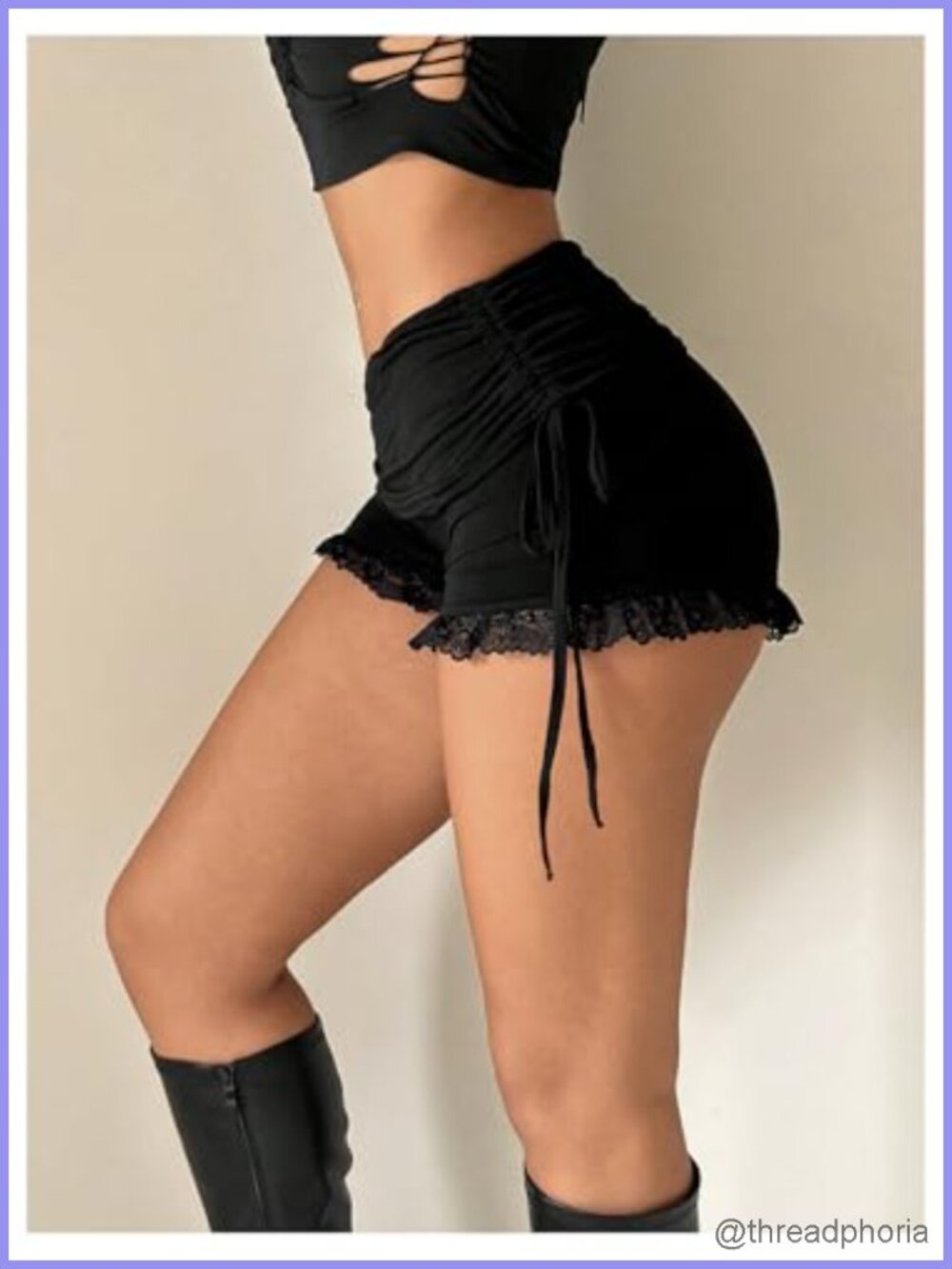 Lace Mini Shorts Low Rise Stretchy Ruffle Drawstring Going Out - Picture 2 of 5
